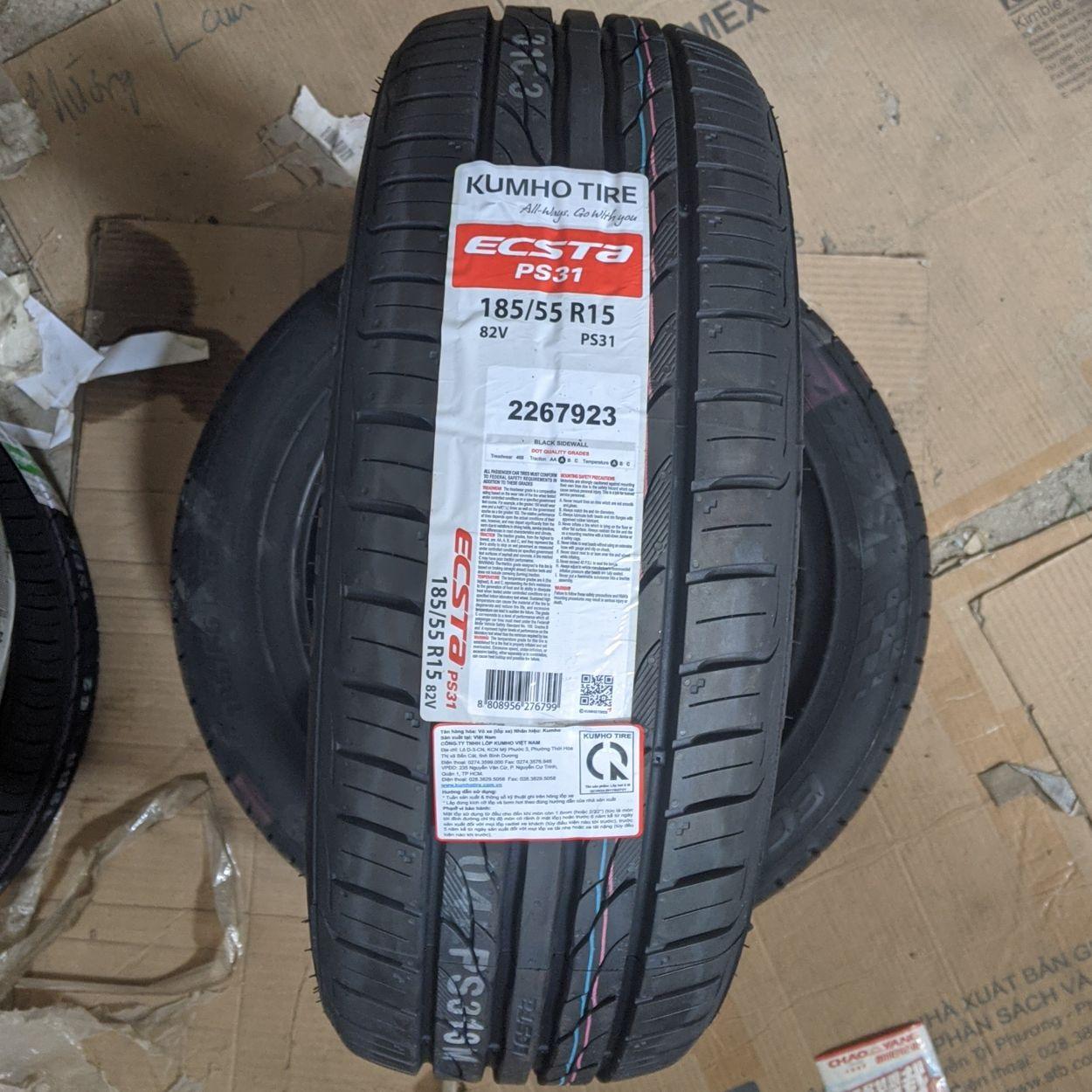 Vỏ lốp 185/55R15 82V PS31 KUMHO VIETNAM, Vỏ lốp ô tô Chevrolet Aveo, Vỏ lốp xe Ford Fiesta 1.5, Vỏ lốp xe Vinfast Fadil 1.4, Vỏ lốp xe Mazda 2 1.5, Vỏ lốp xe Honda Brio 1.2RS, Vỏ lốp xe Hyundai Getz Click 1.4AT, Vỏ lốp xe Hyundai i20